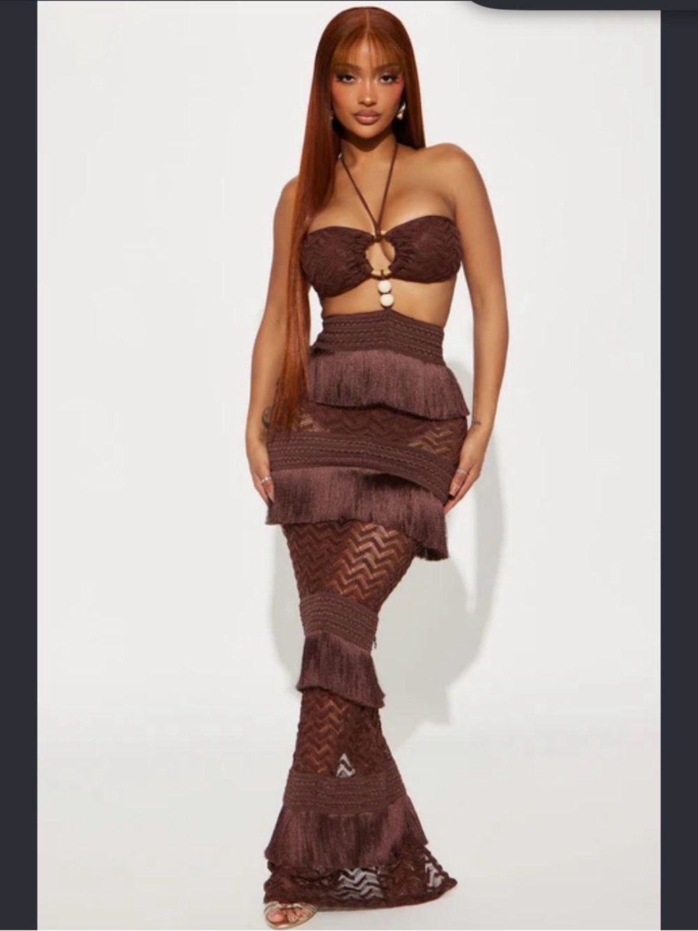Fashion Nova Brown Layered Fringe Maxi Dress